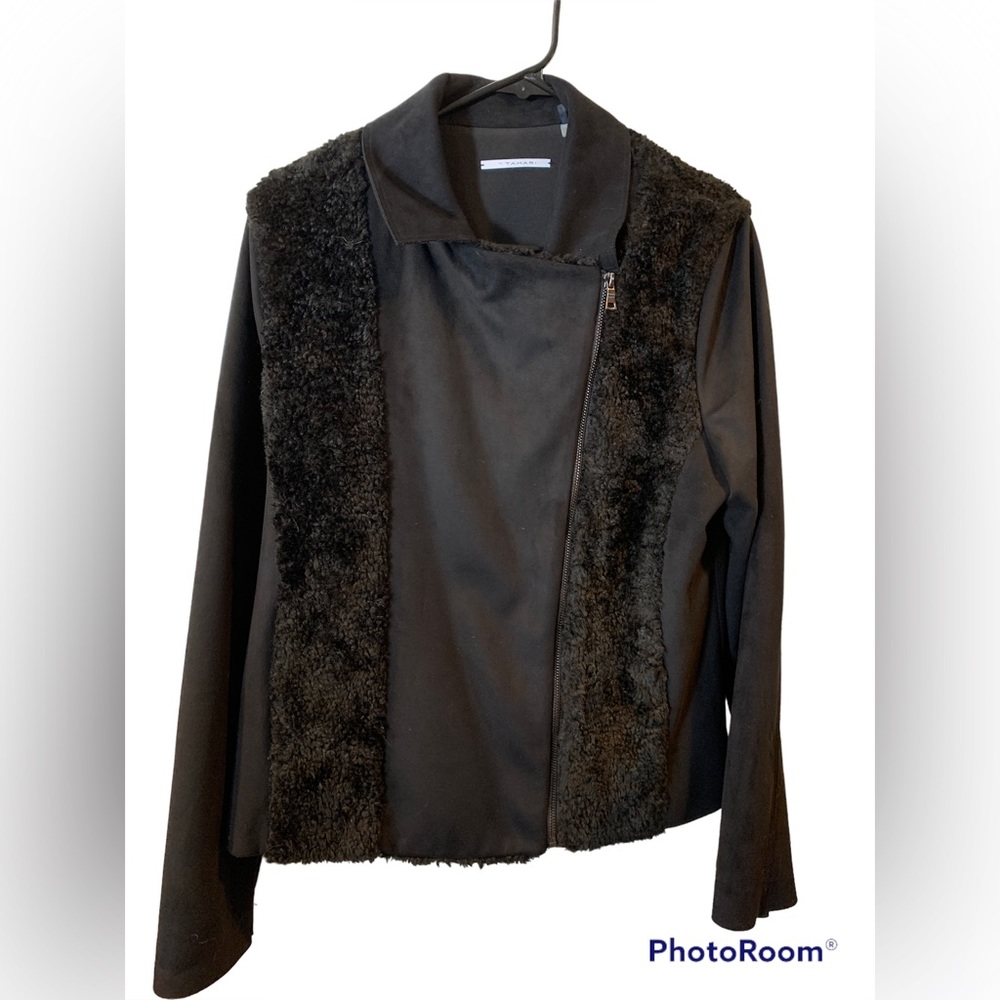 Tahari Black Jacket faux fur princess panels L